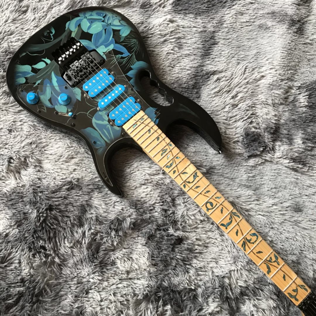 Custom Ibanez Style Jem77p Steve Vai Electric Guitar in Blue Floral Pattern