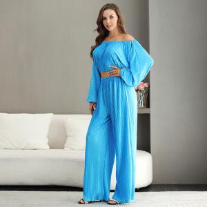 Wholesale Ruched Lantern Sleeve Women'S Two Piece Jumpsuit Off The Shoulder from china suppliers