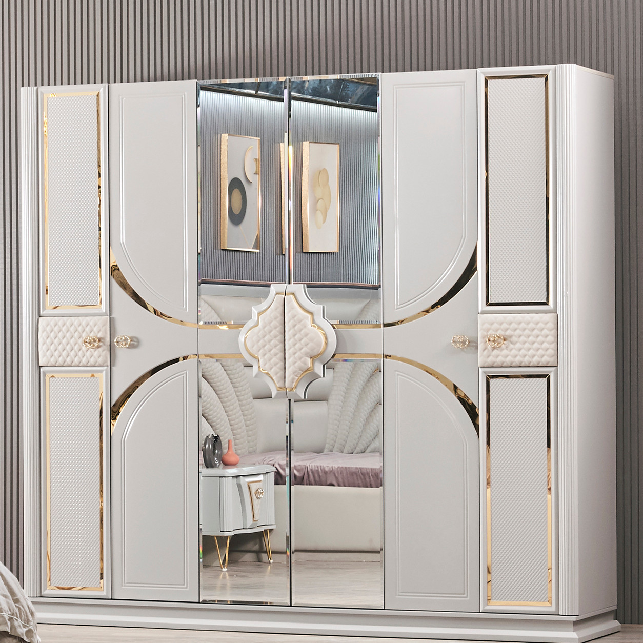 King Size Bedroom Sets Furniture Combo MDF Wardrobe Bed Side Table Dressing Table