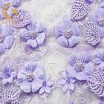 Embroidered 3D Flower Lace Fabric / Purple Lace Material Polyester For Evening