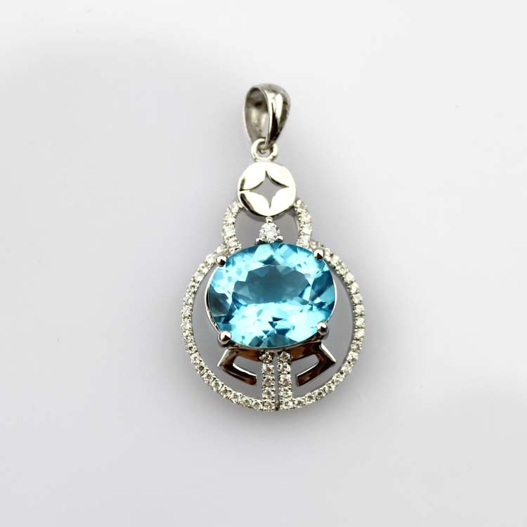 Sterling Silver Jewelry 10x12mm Blue Topaz CZ Diamonds Pendant Necklace (PSJ0393)