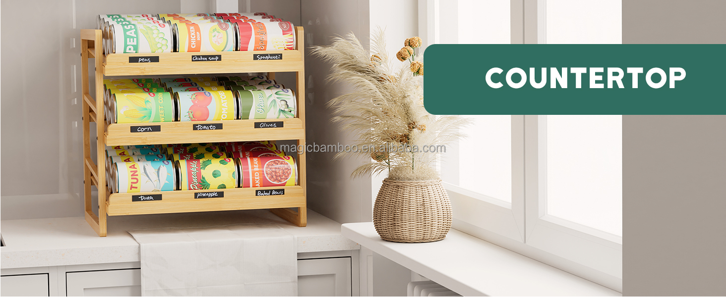 Food 3 Tier Stackable Bamboo Can Holder Storage Organizer with Sustainable Label Sticker