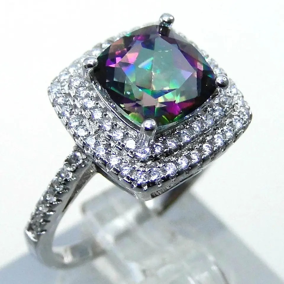 925 Serling Silver Jewelry Sets Cushion Cut Mystic Topaz Engagement Ring