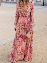 Printed Long Sleeve Long Dress V-Neck Maxi Dresses