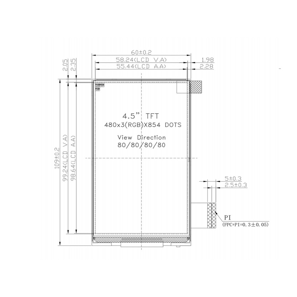480*854 Dots IPS LCD Module 32pin FPC 4.5 inch TFT LCD Screen