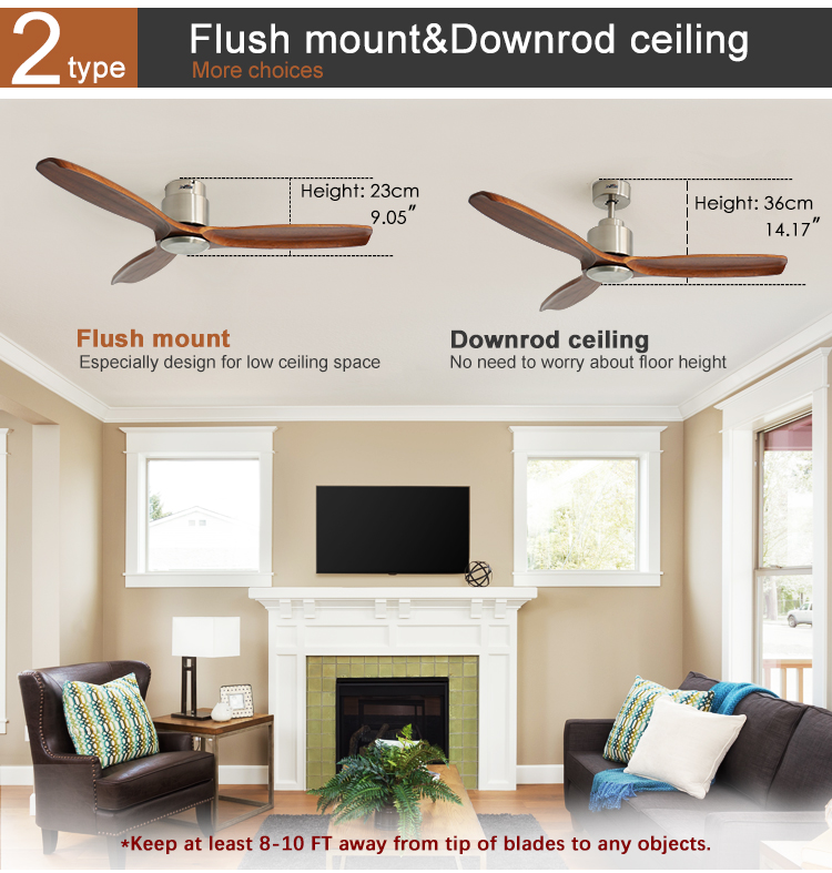Modern 52" Low Profile DC Adjustable Wind Flush Mounted Ceiling Fan with Wood Blades