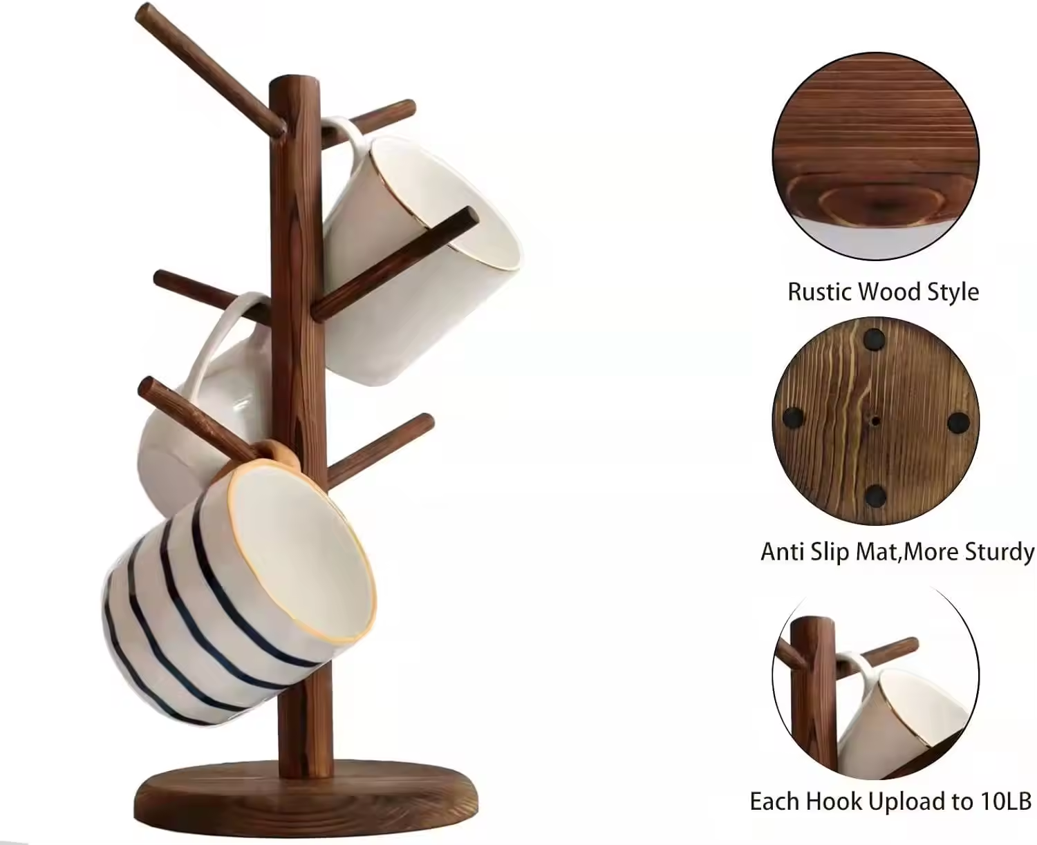 Wooden mug tree stand 6 hook counter coffee bar storage rack