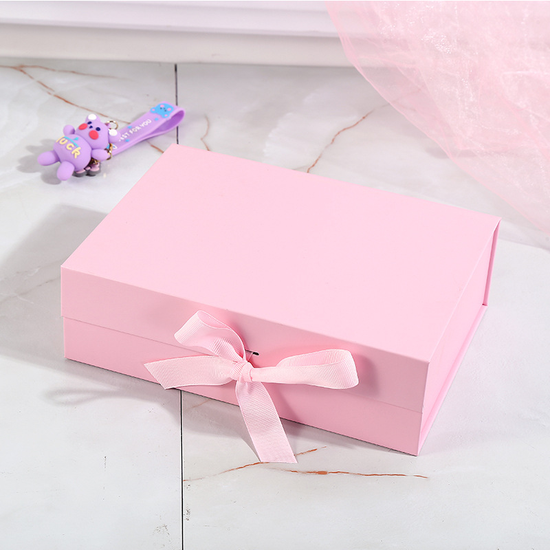 Magnetic Closure Cardboard Box Hamper Pink Corrugated Boxes Gift Mailer With Ribbon