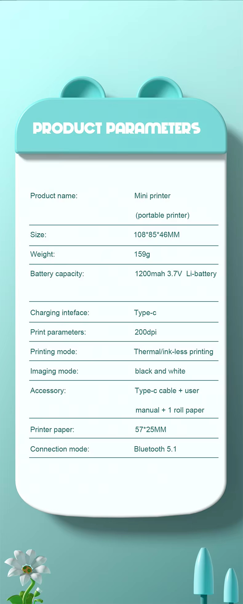 Night Light Pocket Thermal Sticker Mini Inkless Printer Machine