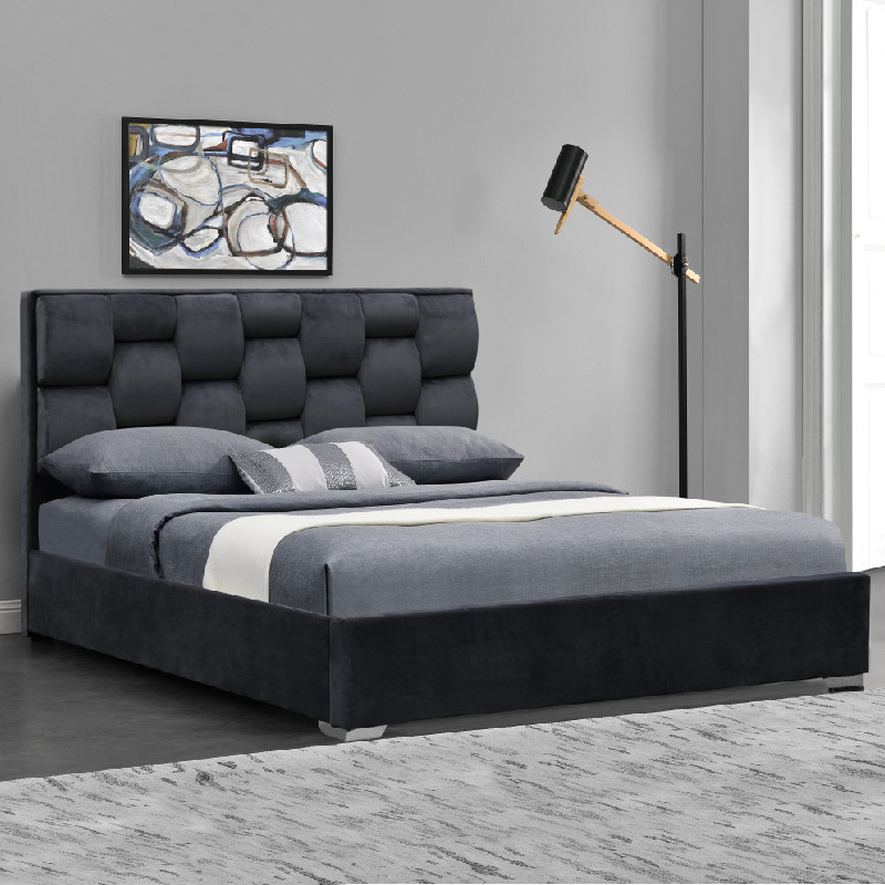 Customized Double Size Velvet Fabric Bed Frame With Tufted High Headboard
