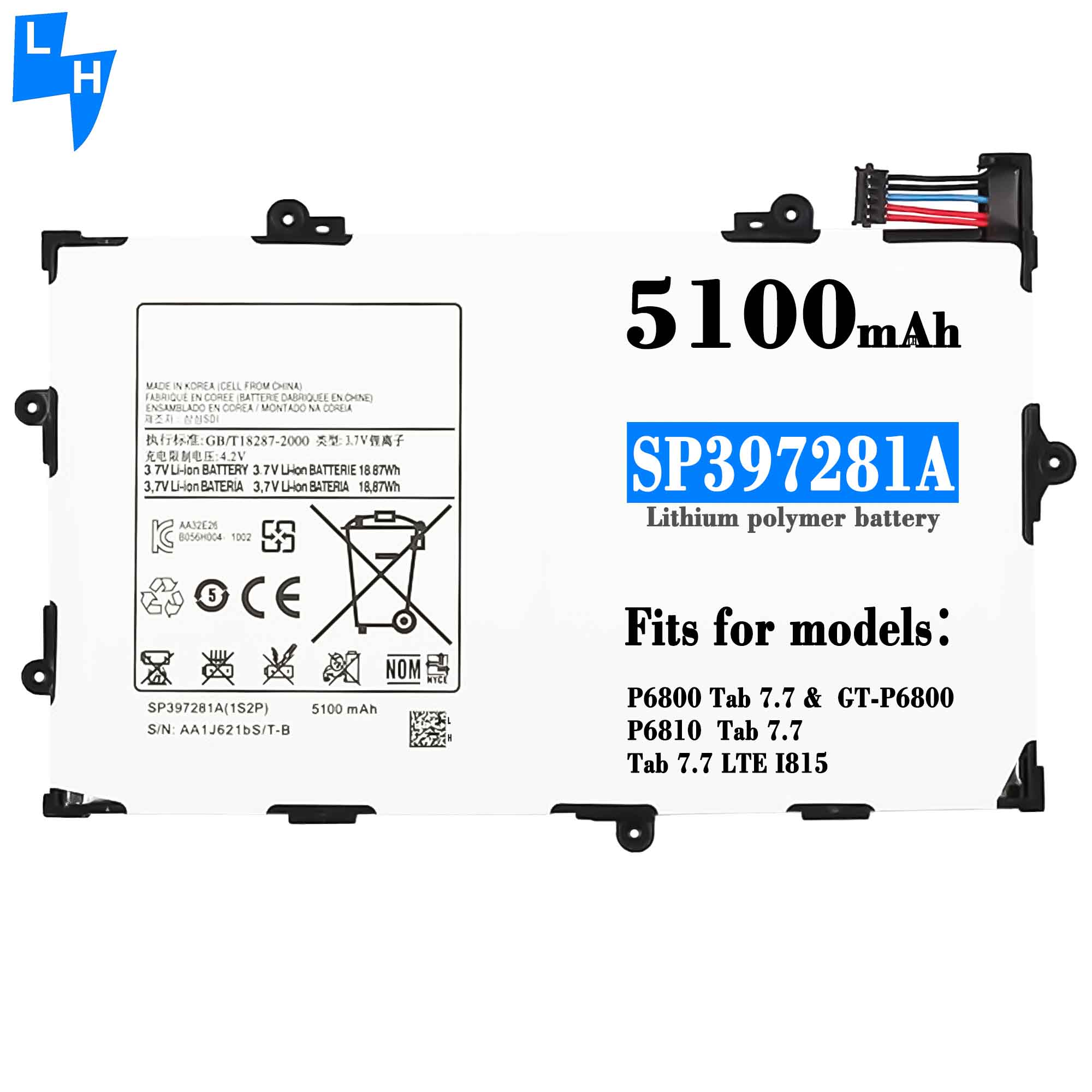 Tablet Battery for Samsung Galaxy Tab 7.7 i815 P6800 P6810 Original SP397281A 5100mAh