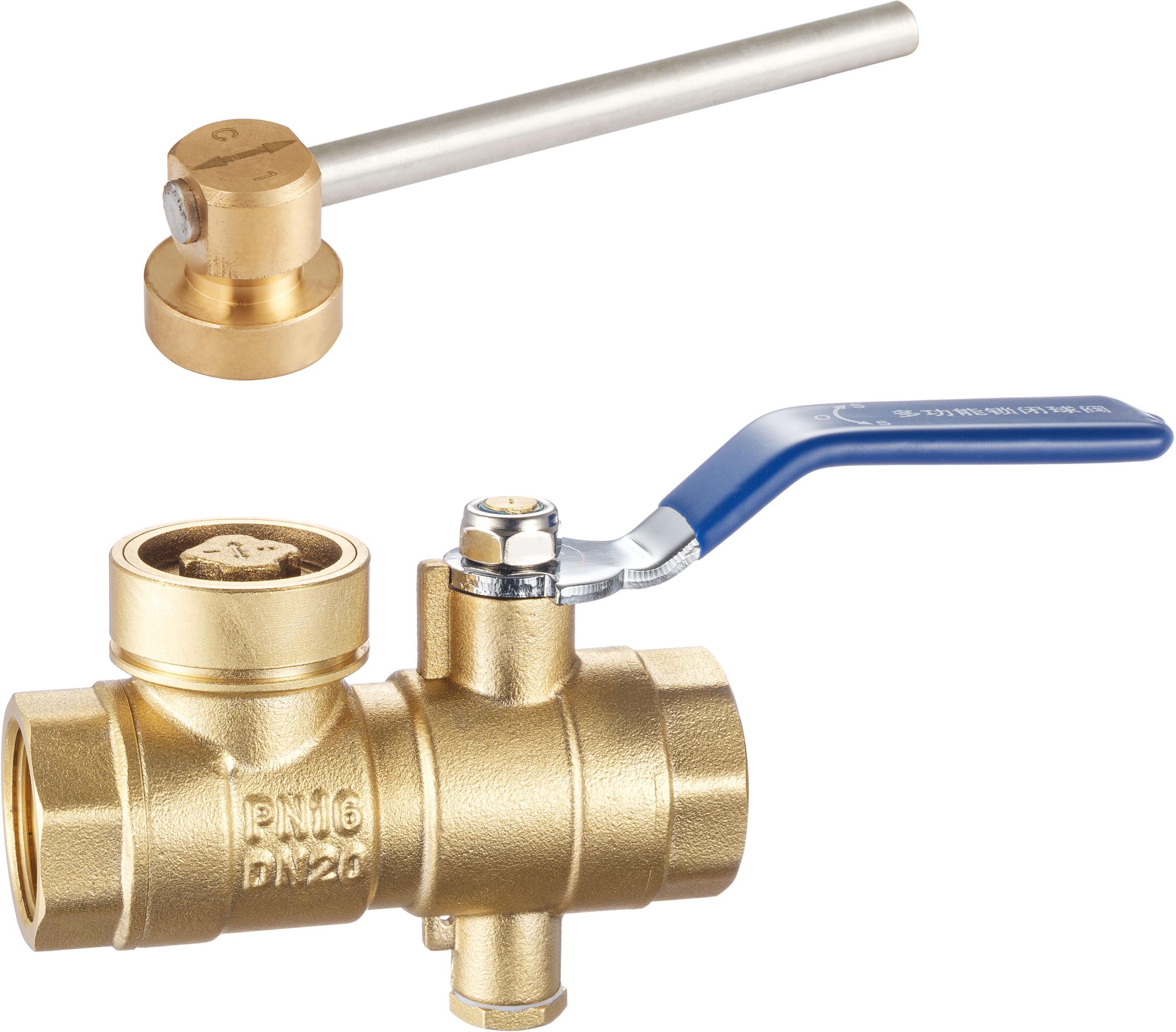 1207 FxF Double Shut-off Brass Ball Valve set w/ Meter Outlet & Magnetic /Polygon headed /Mech. Code Lockable Functions
