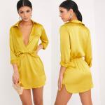 Women Long Sleeve Dark Lime Twist Front Silky Shirt Dress With Deep V Neck