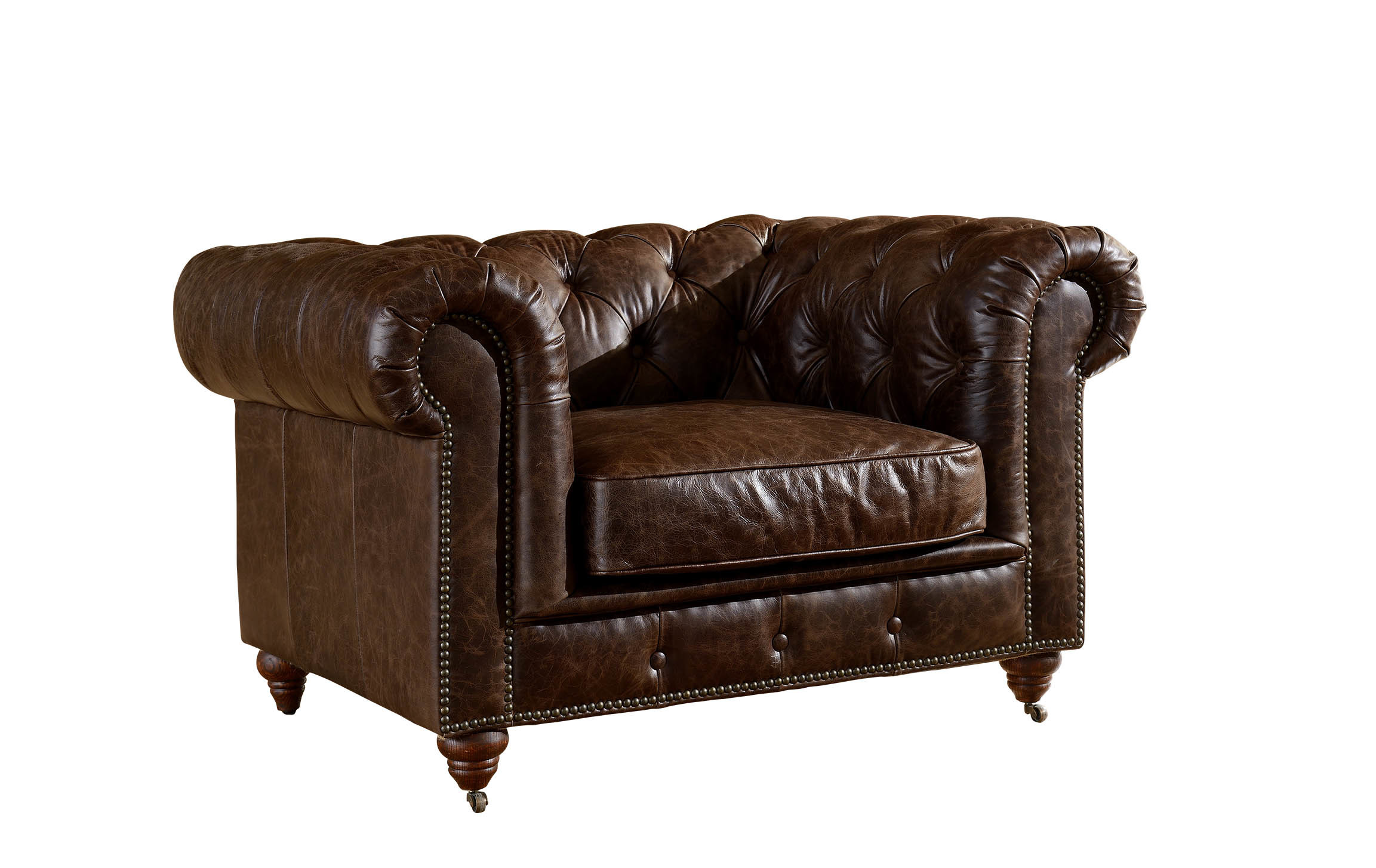 Chesterfield High Back Leather Armchair Strong Solidwood Frame With Elegant Nail Heads