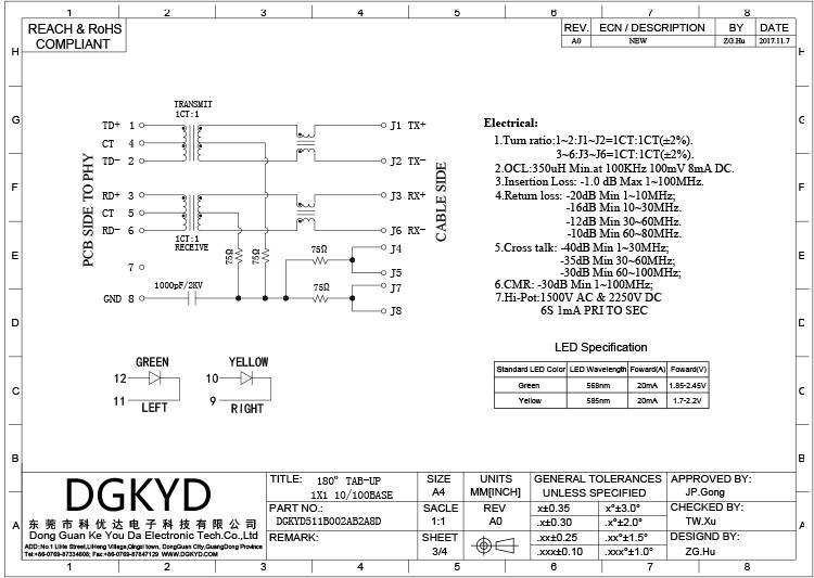 DGKYD511B002AB2A8D RJ45 100M 180 Degree Direct Plug Network Connector 8PIN With Light And Shielded Socket