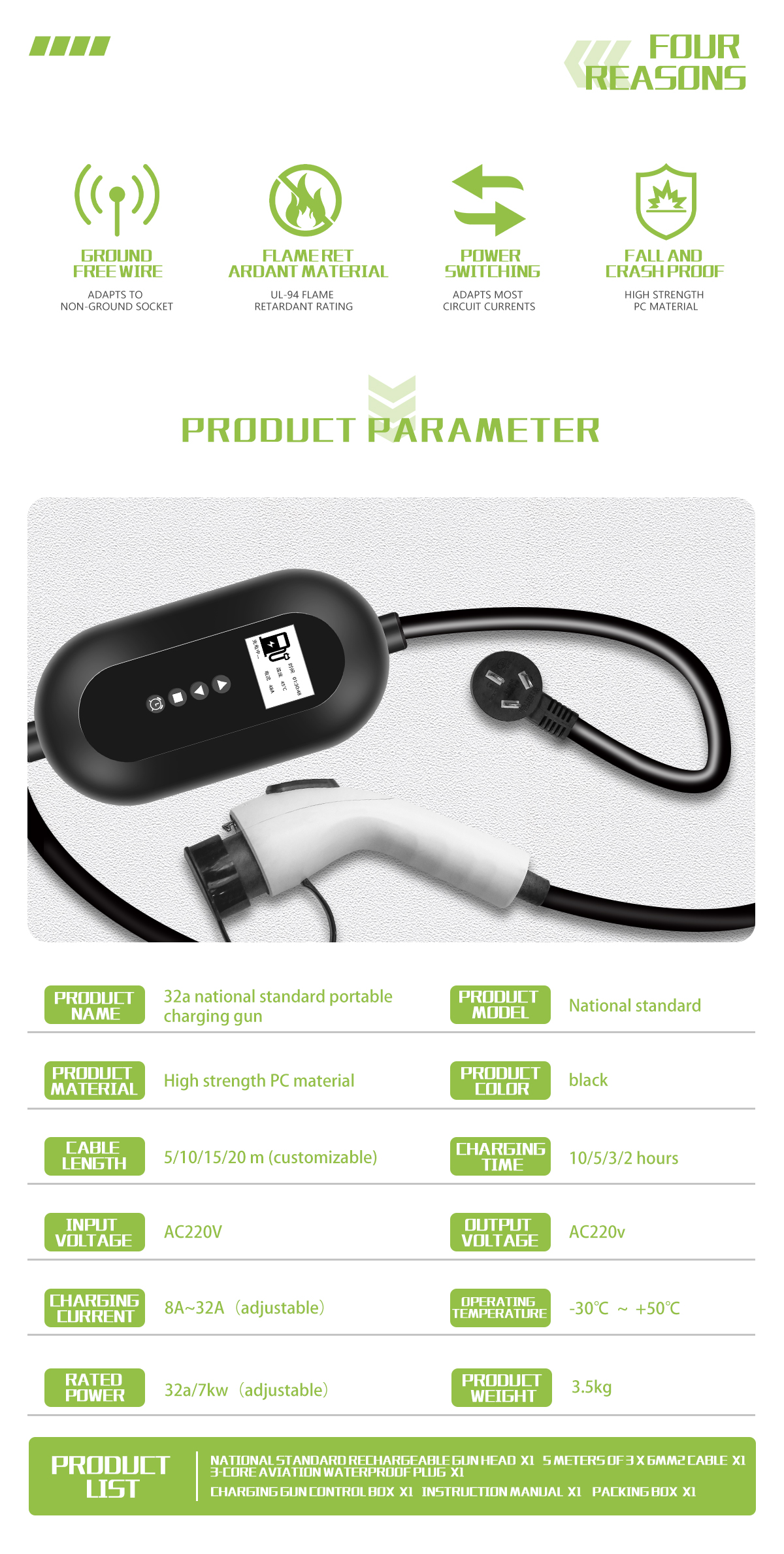 Temperature Protection Prophylactic E-Mingze 32A/7kW Portable Electric Car Charger Home Fast Charging Station GBT Color