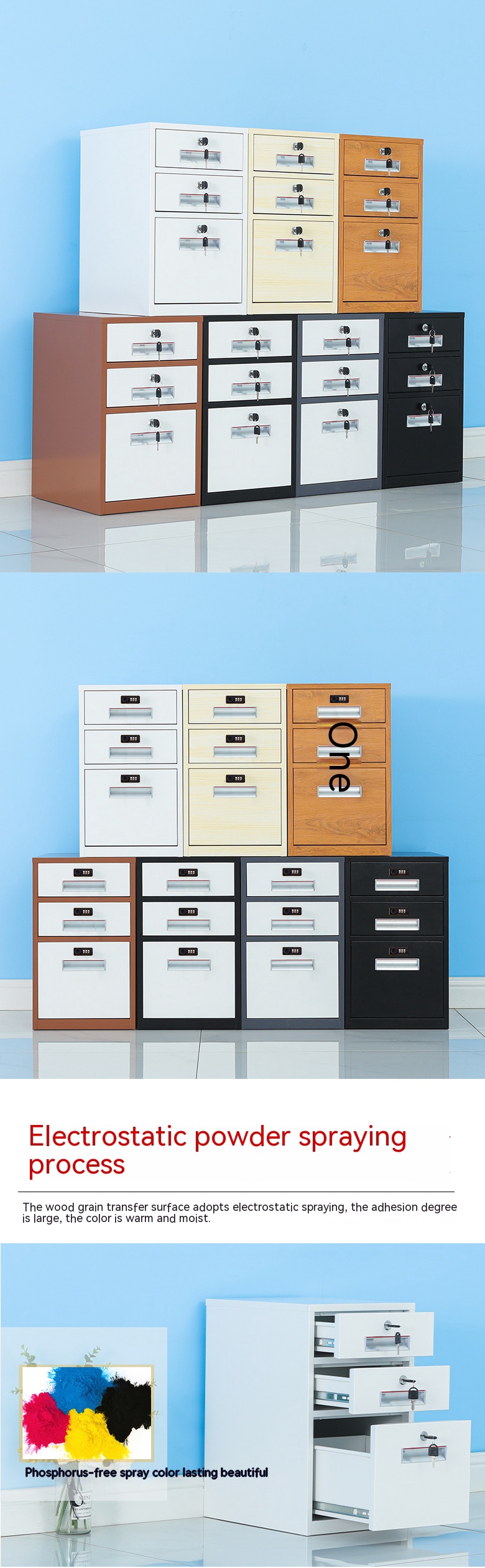 Industrial Design Office File Cabinet with Lock and Movable Three Drawers OEM Storage