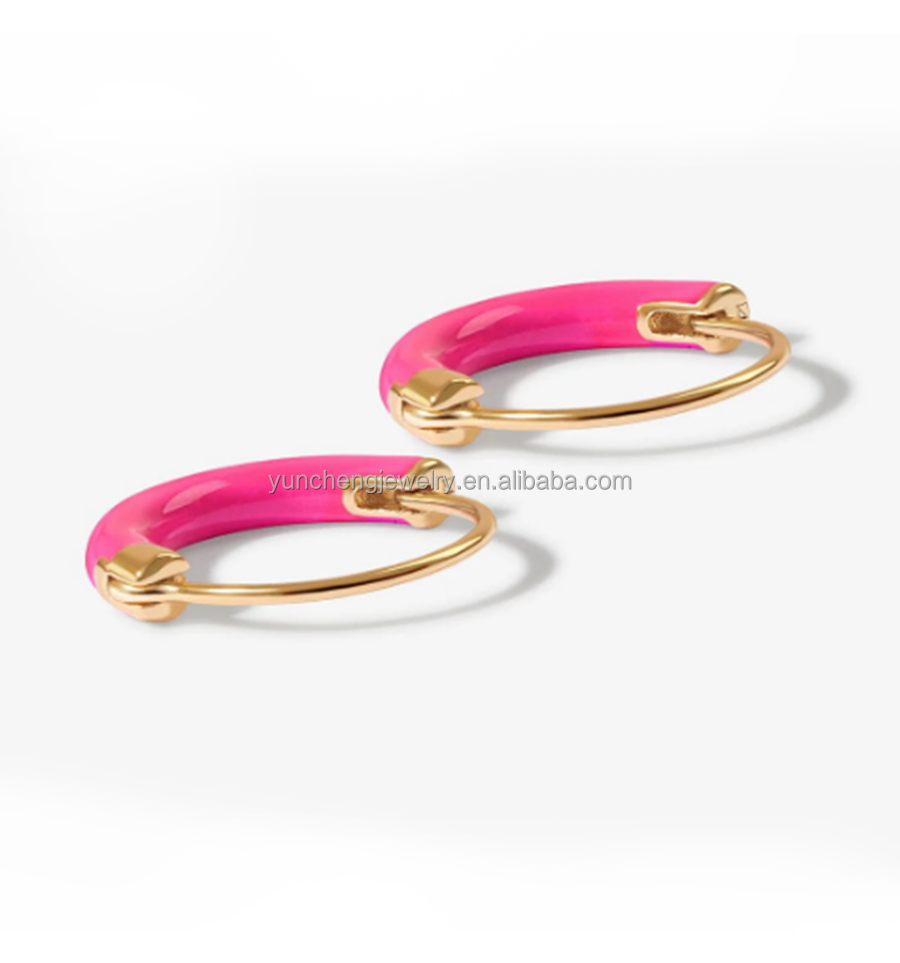 925 Sterling Silver EARRINGS 18MM Dia Hoops with Hot Pink Enamel and 18K Gold Plating