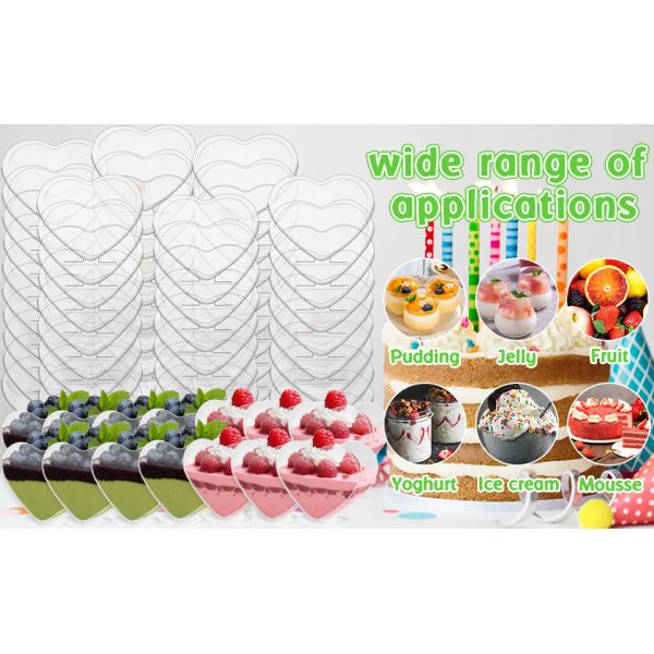 Heart Shaped Dessert Cups,2.7 Oz Plastic Mini Dessert Cup With Spoon,Disposable Plastic Parfait Cups For Party, Buffet, Valentine'S Day, Wedding
