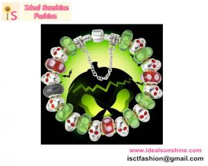 Wholesale Holiday Halloween Silver Charm Bead Bracelet Red/green beads jewelry skeleton shape charm from china suppliers