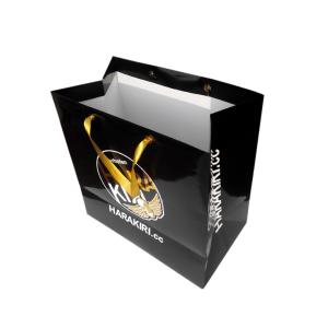 Wholesale Custom Printed Black Paper Euro Tote Bags With Satin Ribbon Rope Gold Foil Logo from china suppliers