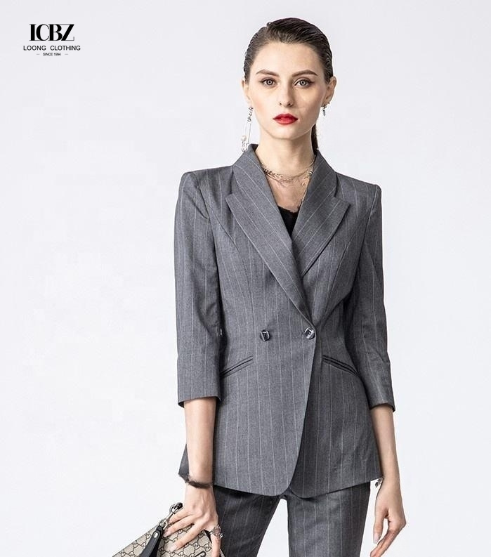 Solid Pattern Women's Office Wear Custom Dark Gray Striped Professional Work Suit