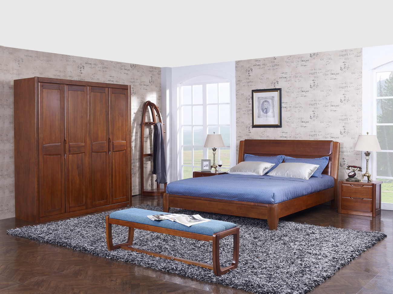 New design Upholstered headboard Bedroom furniture set By ISO9001 and FSC china factory with Mirror stand and Dresser