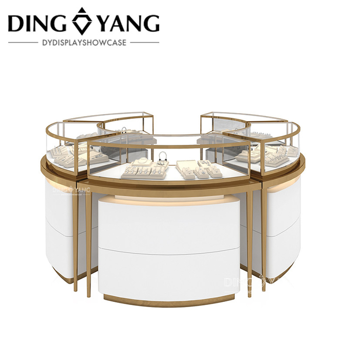 High End Large Jewelry Display Case For Jewelry Store, Golden Hairline Stainless Steel And Ultra-Clear Tempered Glass