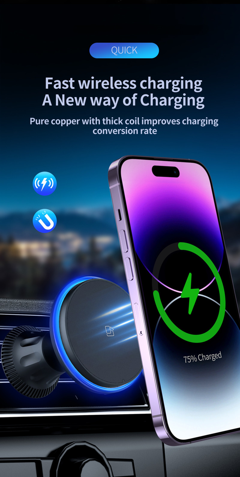 ABS Silicone Material Magnetic Car Vent Charger Fast and Stable Driving Solution