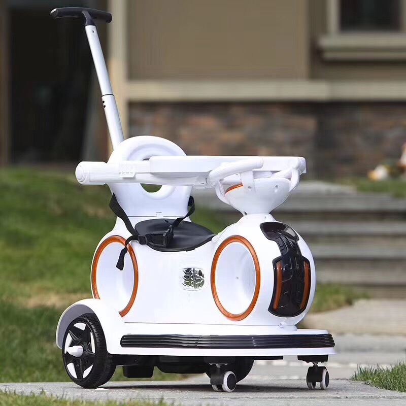Children's Ride On Electric Car with Retractable Push Handle and Colorful Lights