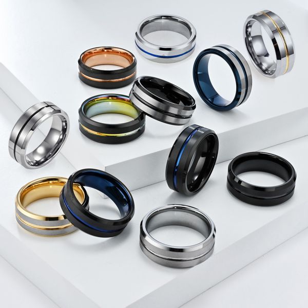 Hot Selling 8mm Slotted Tungsten Steel Ring Ring Men's Niche High-End Vacuum Plated Two-Color Tungsten Gold Jewelry Tstk002sb
