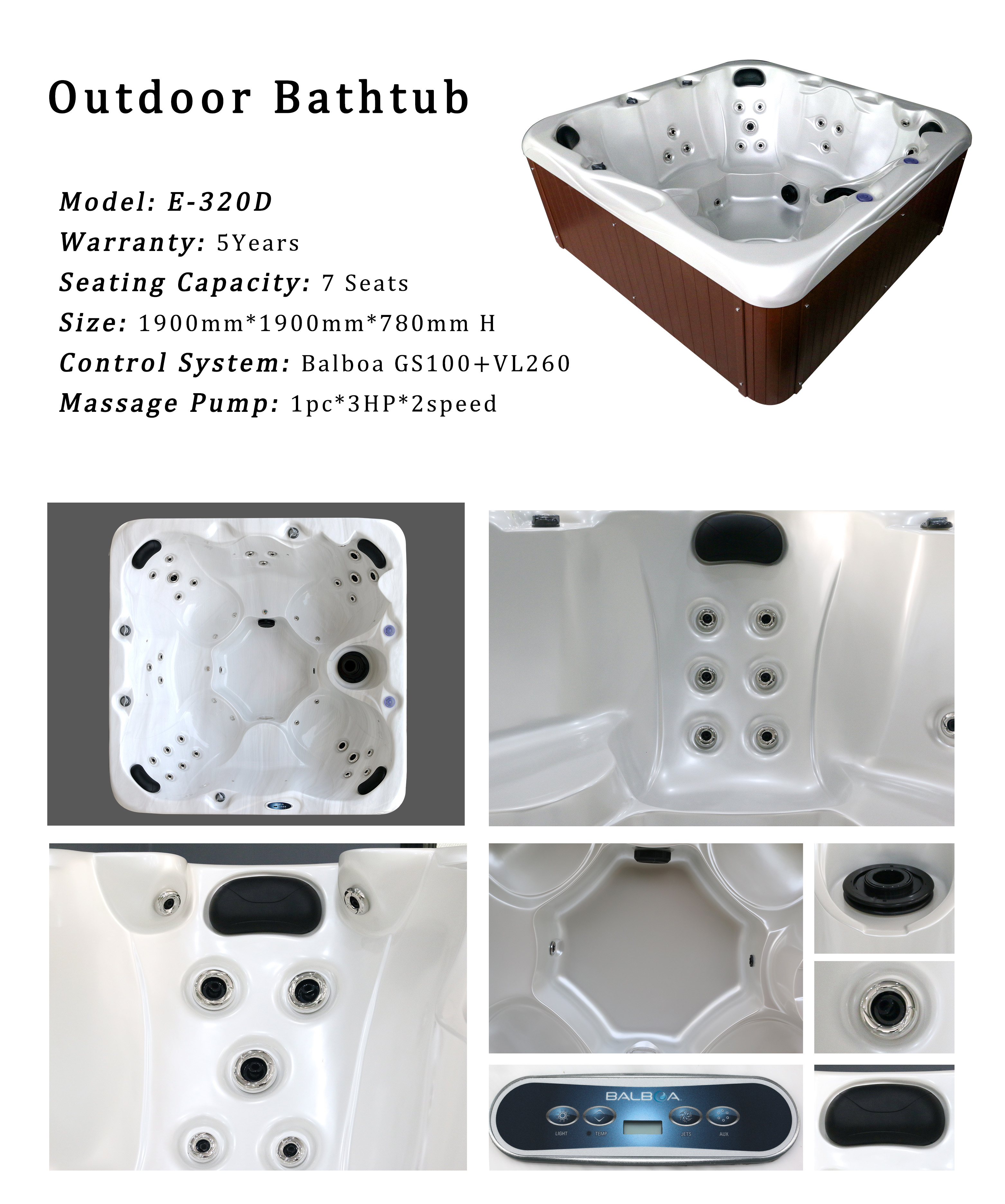 Balboa Control System Acrylic 6 Person Hot Tub Whirlpool Massage Outdoor Spa
