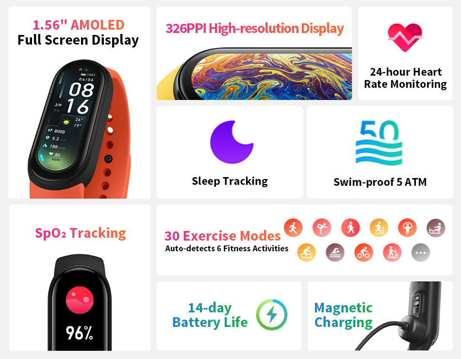 Original Xiaomi Mi band6 1.56 Inch Heart Rate Monitor Fitness Waterproof Sports Xiaomi Mi Band 6 Global Version 2021