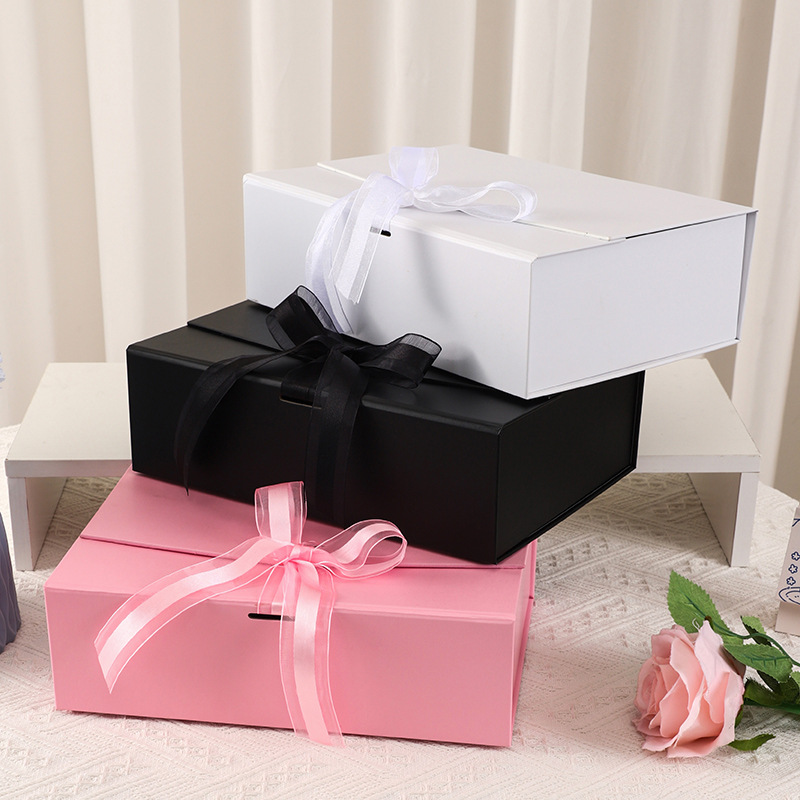 Magnetic Closure Cardboard Box Hamper Pink Corrugated Boxes Gift Mailer With Ribbon