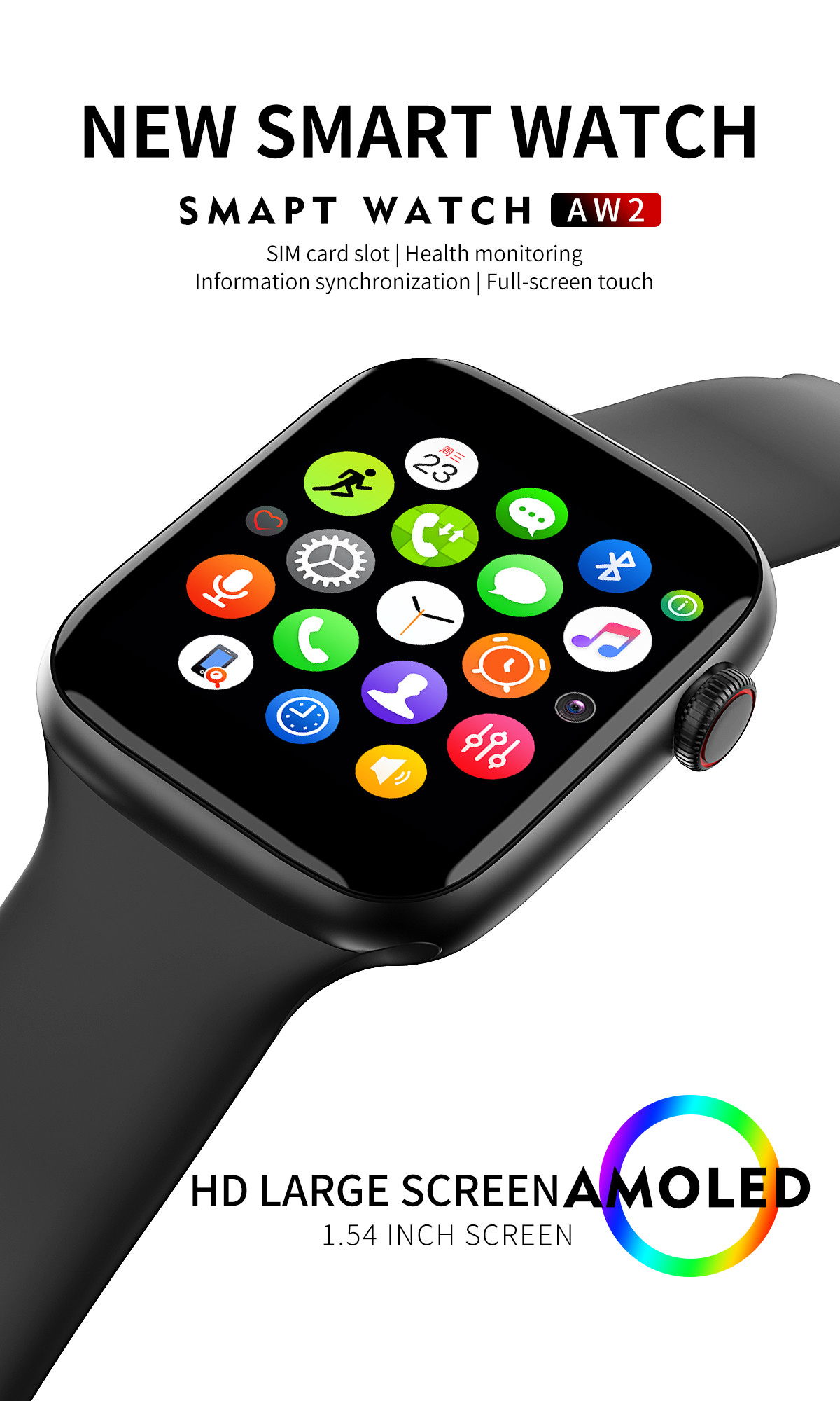 1.54 Inch Touch Screen Sim Card Slot Smart Watch IP68 Waterproof