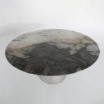 Round Stainless Steel Dining Table Shiny Silver Wave Panel Natural Marble Top