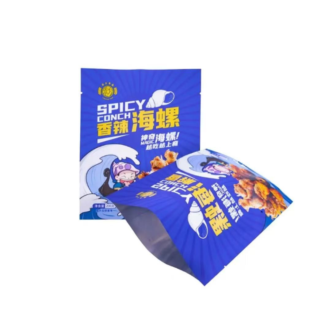 Custom Logo Glossy Plastic Sachet Spicy Conch Food Packaging Sealing Bag Heat Seal Bags 3 Side Seal Pouch