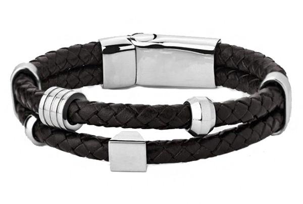 Europ American Fashion Trendy Stainless Steel Geniune PU Leather Bracelet Bangle