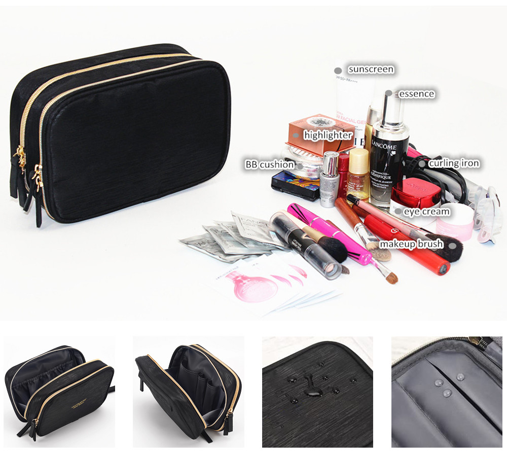 2 Main Compartments Black Polyester Makeup Bag
