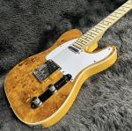 Tele Electric Guitar, Burl Maple Top, Yellow Color, Mahogany Body, Maple