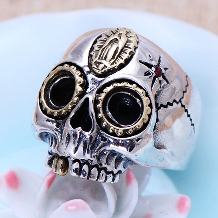 Retro Jewelry 925 Silver Golden Two Tones Skull Mens Ring (XH056039W)