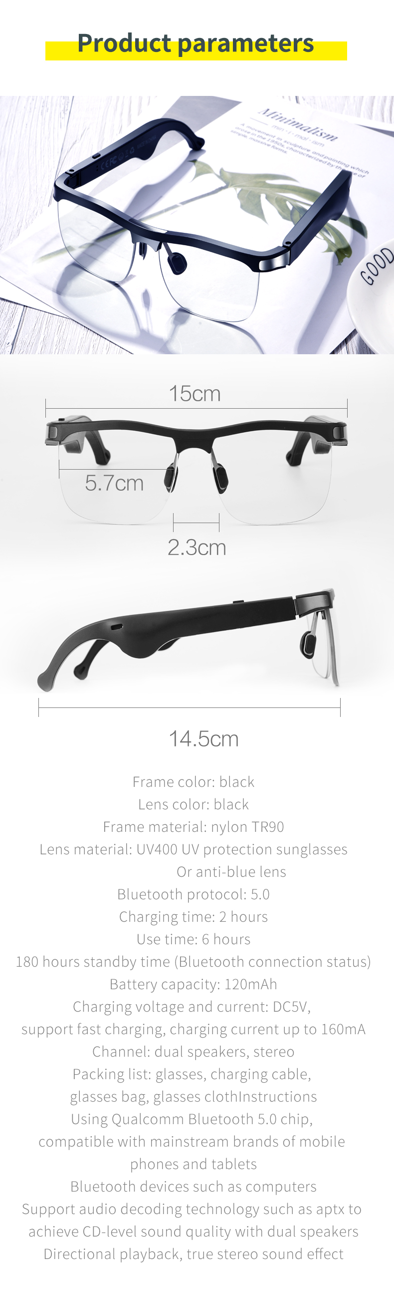 New Generation 5.0 Smart Music Glasses Phone Glasses Sun Glasses
