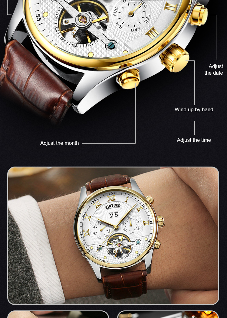 KINYUED Business Power Reserve Automatic Movement Luxury Watches For Men Automatic Skeleton Watch