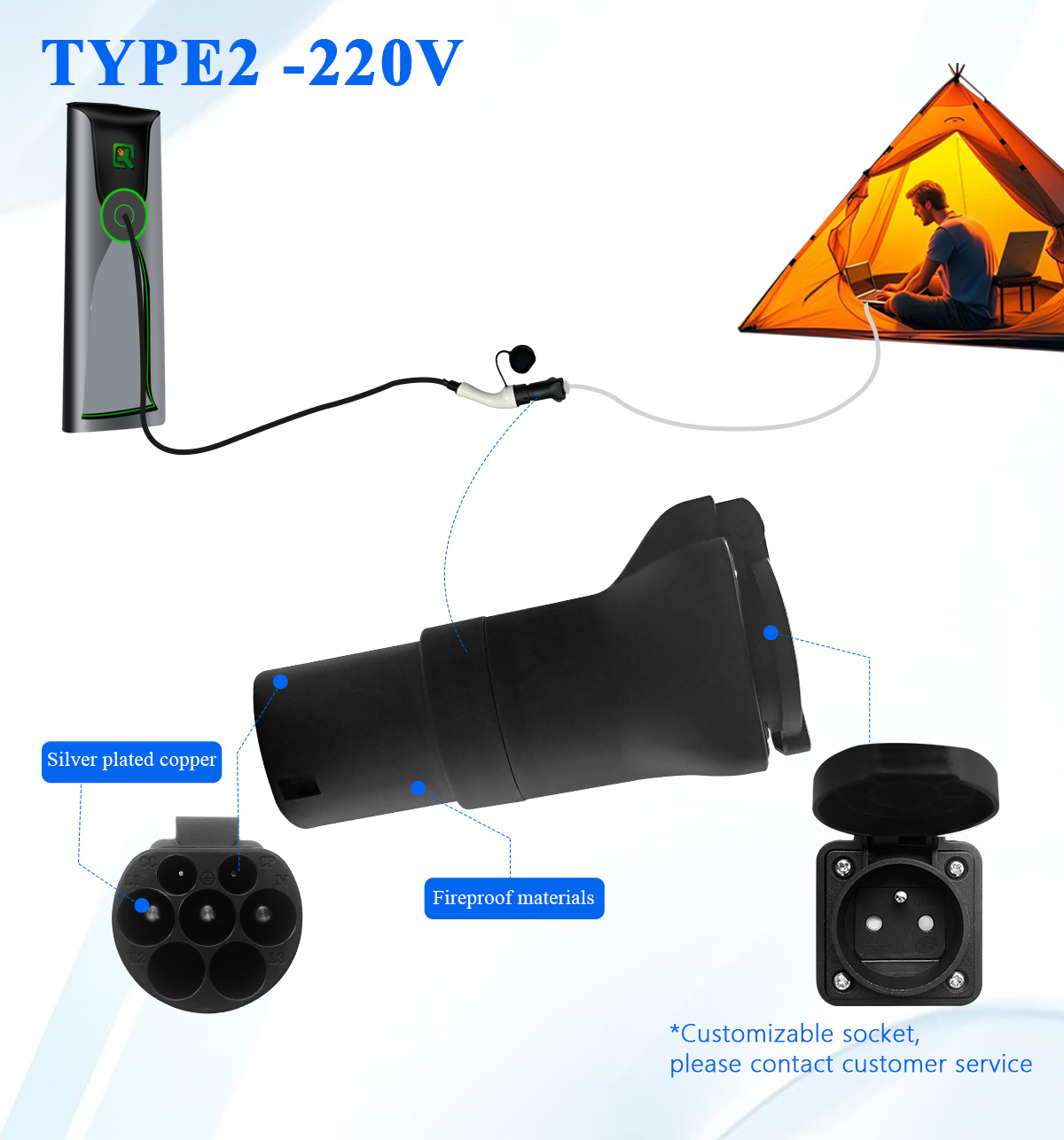 3.5KW 220V 16A V2D V2L Discharger EV Type2 Famale to Load Adapter EU Socket For MG Citroen Rated voltage 110V-220V