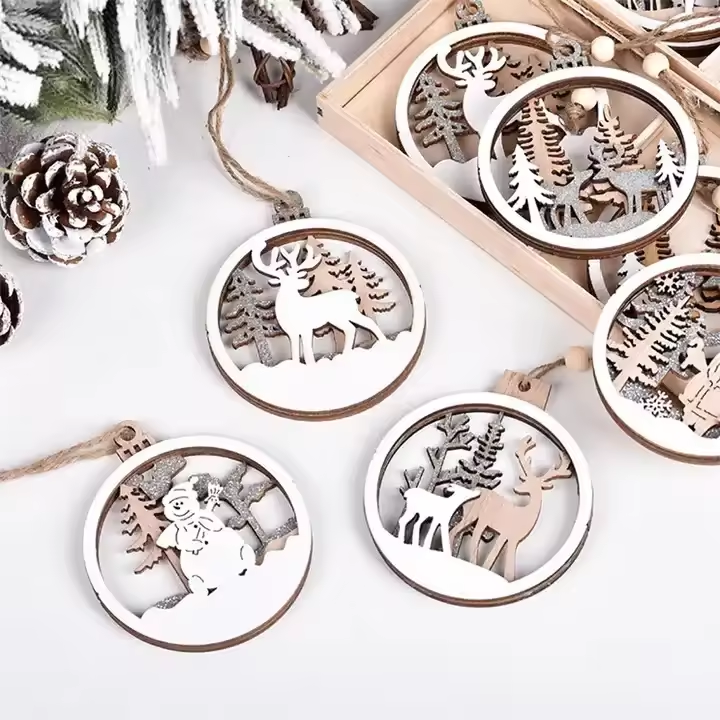 Wooden Christmas tree hanging ornaments create a Christmas family atmosphere