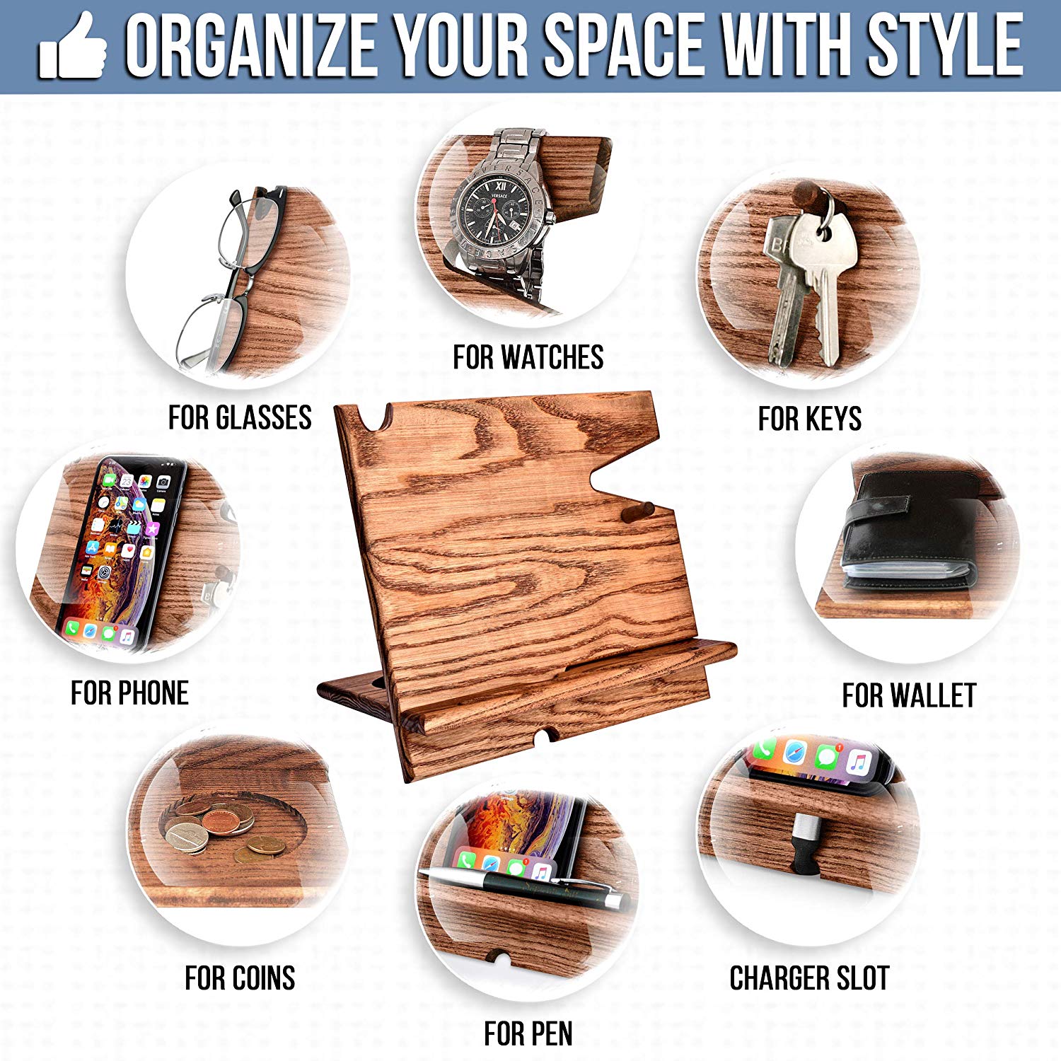 Cell Phone Stand Watch Holder Men Wood Mobile Base Nightstand Charging Docking Station Women Accessories Wooden Storage