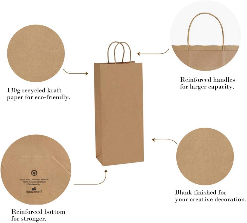 Customized Logo Gravure printing Kraft Paper Bags for Beer Wine Bottle Hand Tote Gift