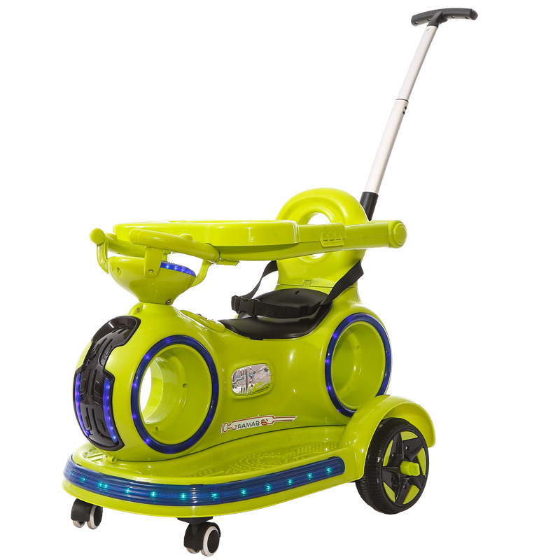 Children's Ride On Electric Car with Retractable Push Handle and Colorful Lights