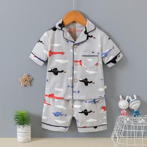 Wholesale Lapel Versatile Cardigan Pajama Set Cartoon Plane Short Sleeve Button Up Pyjamas from china suppliers