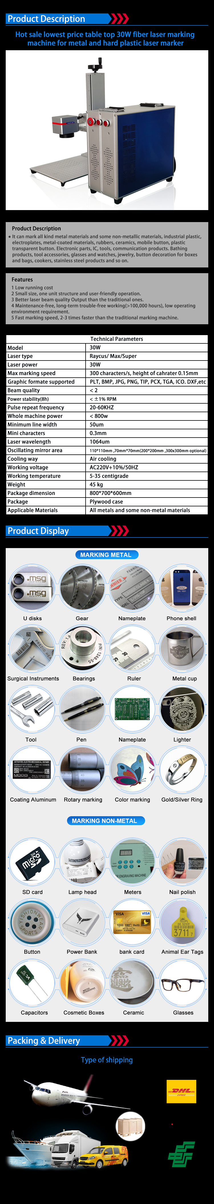 45 KG Pulsed Mode Fiber Laser Engraver for White/Black/Color Marking on Stainless Steel and Aluminum